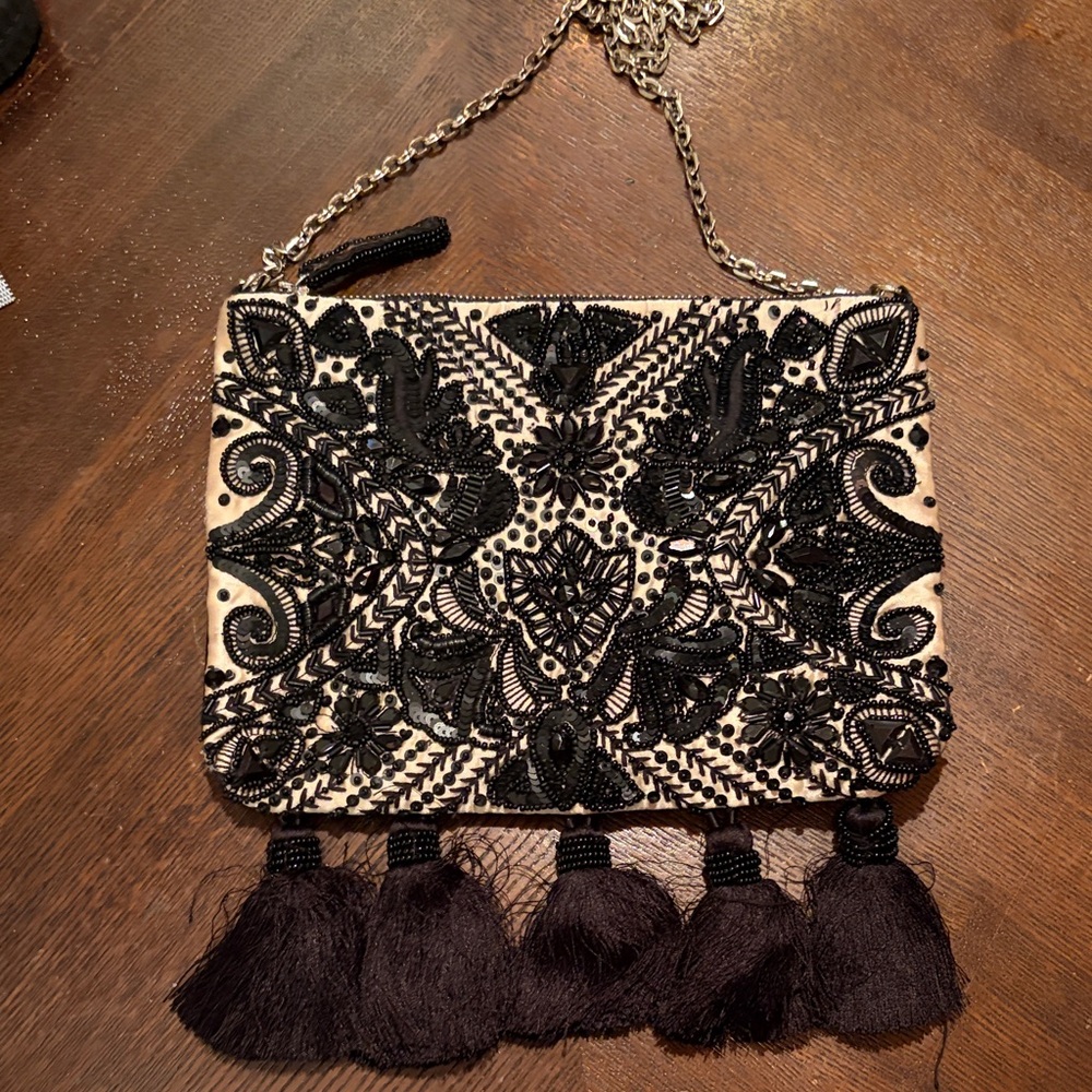 Chico's Black and Cream Embroidered Clutch